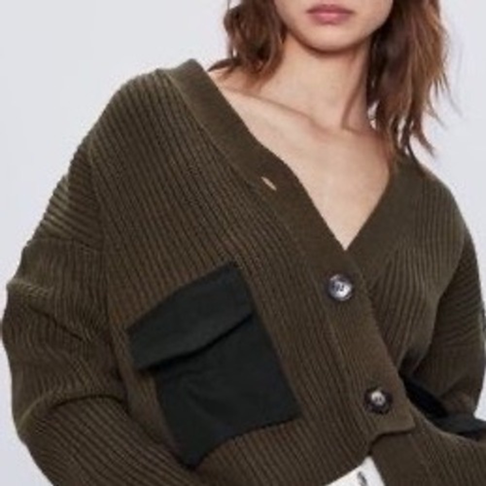 Zara Ribbed Knit Cargo Pocket Cardigan Olive Green V-Neck Sweater Small s3